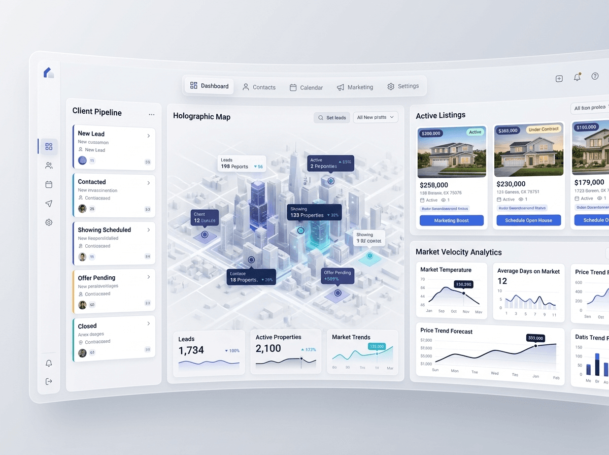 Futuristic real estate management dashboard with holographic city map and data overlays.