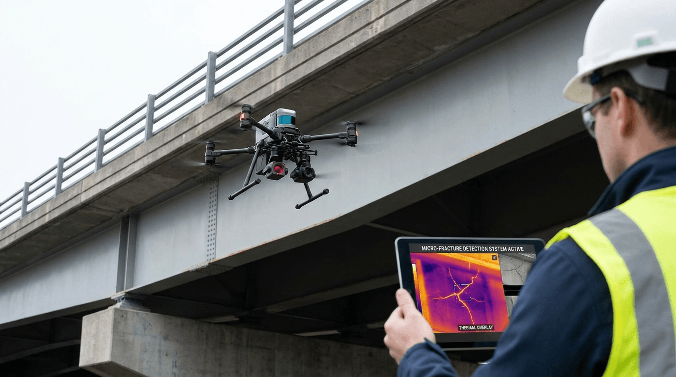 Bridge structural inspection with engineer reviewing deterioration data on a tablet, overlaid condition ratings and NBI report fields.