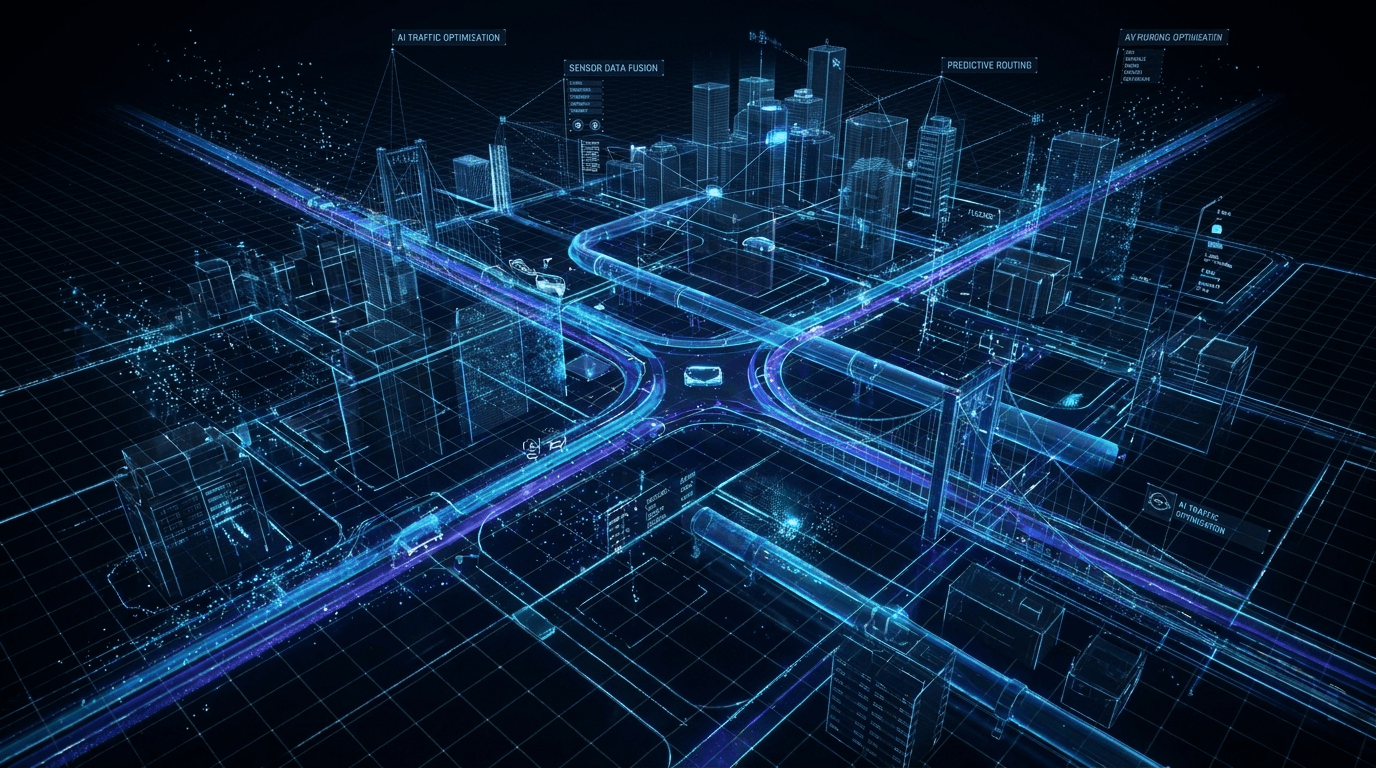 High-definition digital map visualization for self-driving cars, glowing data paths on a dark grid, precision telemetry.