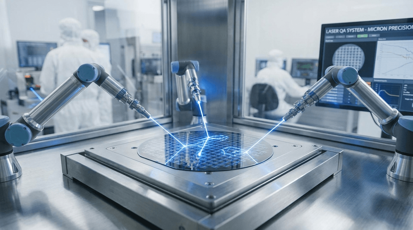 Precision laser optic under interferometric measurement, glowing beam paths, tolerance data overlays on a dark background.